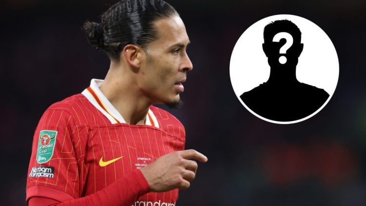 Van Dijk in action for Liverpool against Newcastle in the Carabao Cup Final at Wembley - next to insert of a mystery player
