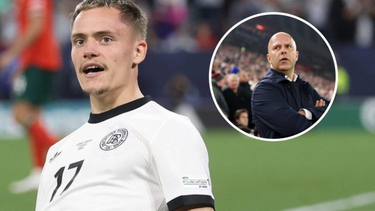 Florian Wirtz celebrates scoring for Germany against Portugal in the UEFA Nations League. Arne Slot looks on ahead of Liverpool's UEFA Champions Le...
