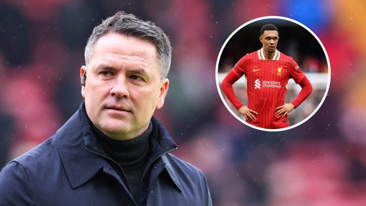 Main: Michael Owen working for TV company during Liverpool vs Manchester City at Anfield. Inset: Trent Alexander-Arnold looks on during game betwee...