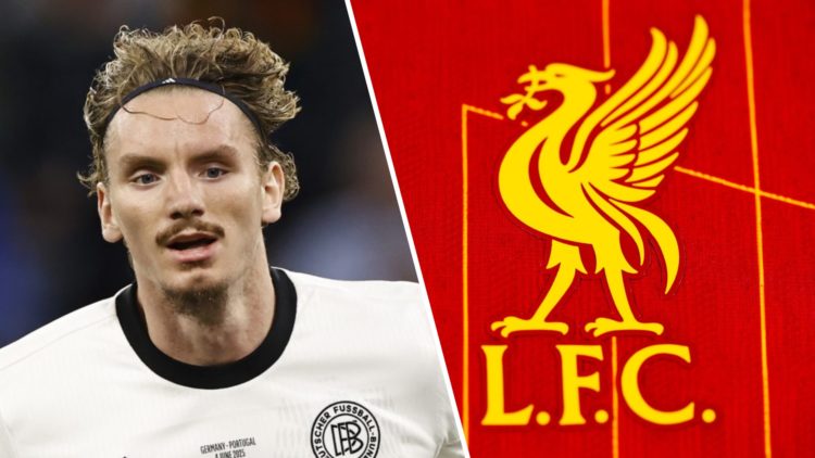 Nick Woltemade in action for Germany against Portugal in the UEFA Nations League semi-final. Liverpool FC badge on the 2024/25 home shirt.
