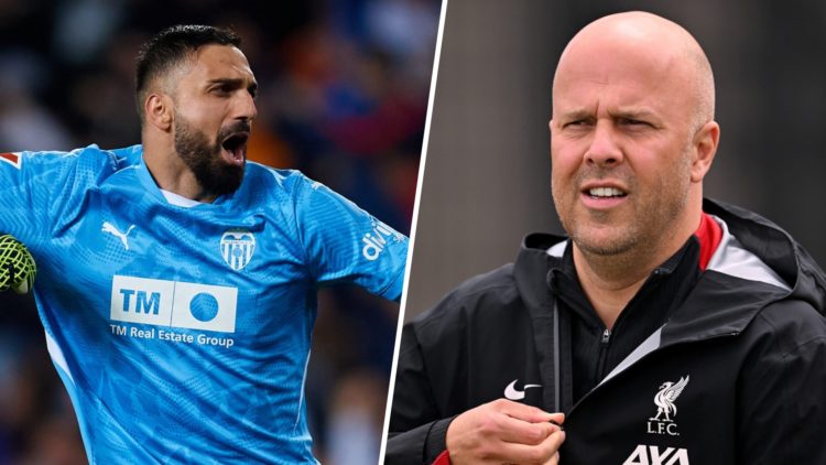 Left: Girogi Mamardashvili caught celebrating after a Valencia win. Right: Arne Slot pictured during a Liverpool training session.