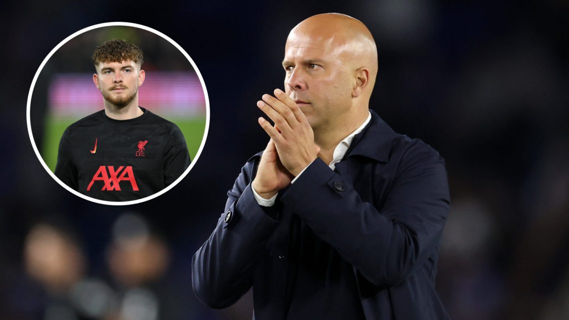 Arne Slot acknowledging Liverpool fans after playing against Brighton at the Amex Stadium in the Premier League. Inset: Harvey Elliott warming up f...