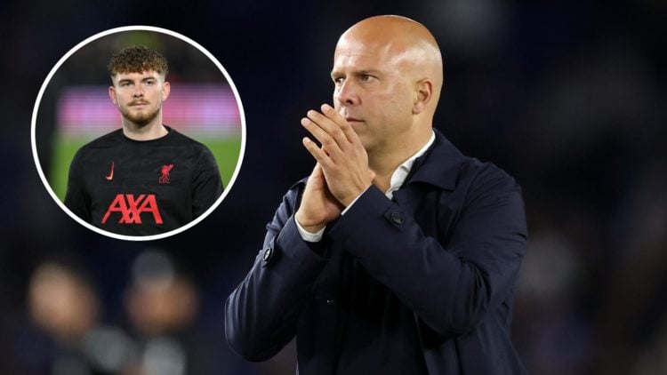 Arne Slot acknowledging Liverpool fans after playing against Brighton at the Amex Stadium in the Premier League. Inset: Harvey Elliott warming up f...