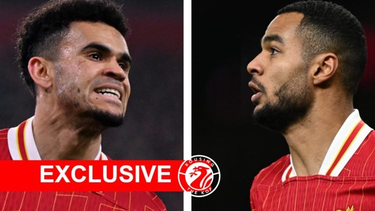 Luis Diaz grimaces while playing in the UEFA Champions League for Liverpool against Lille at Anfield. Cody Gakpo runs during Liverpool's Premier Le...