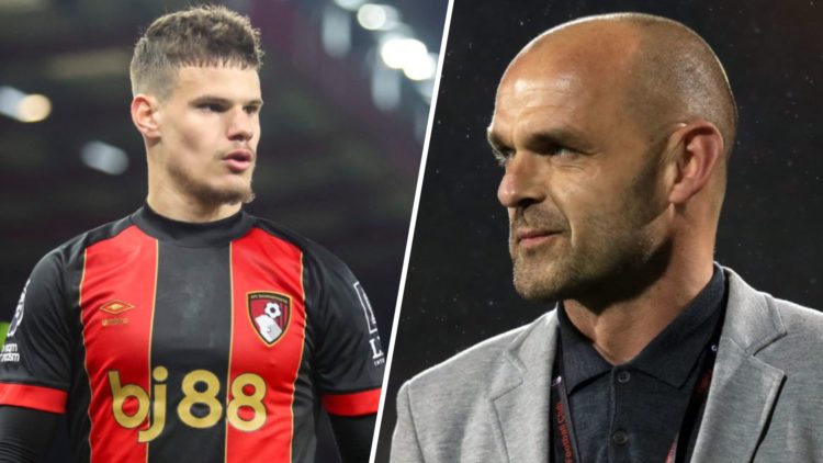 Left: Milos Kerkez caught in action for Bournemouth. Right: Danny Murphy at Craven Cottage with a Fulham lanyard on.