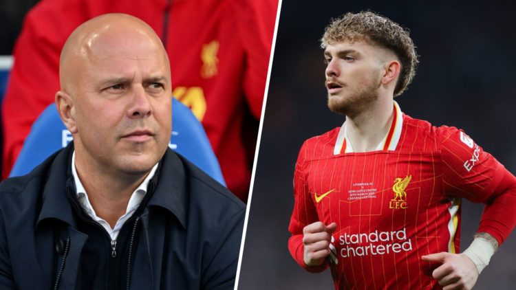 Left: Arne Slot on the Liverpool bench. Right: Harvey Elliott caught in action for Liverpool.