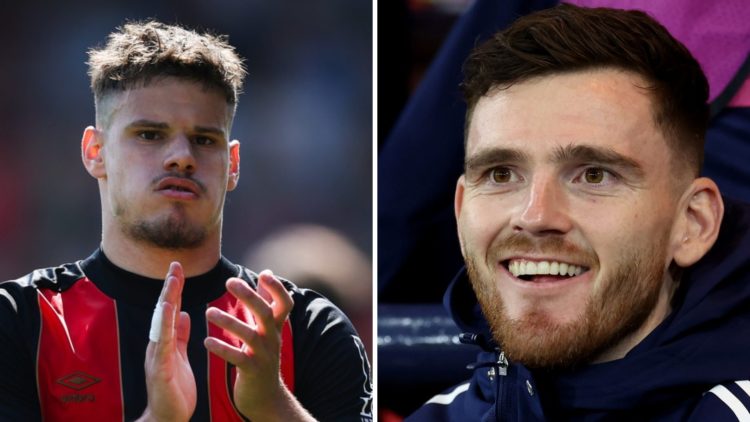 Left: Milos Kerkez clapping the Bournemouth fans after their game. Right: Andy Robertson picture on the Scotland bench smiling for the cameras.