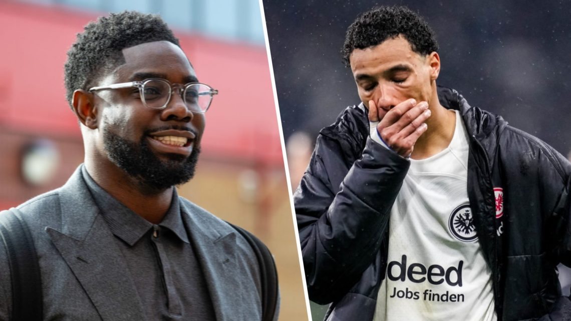 Left: Micah Richards pictures smiling outside of a stadium. Right: Hugo Ekitike pictured with his hand over his mouth looking upset.