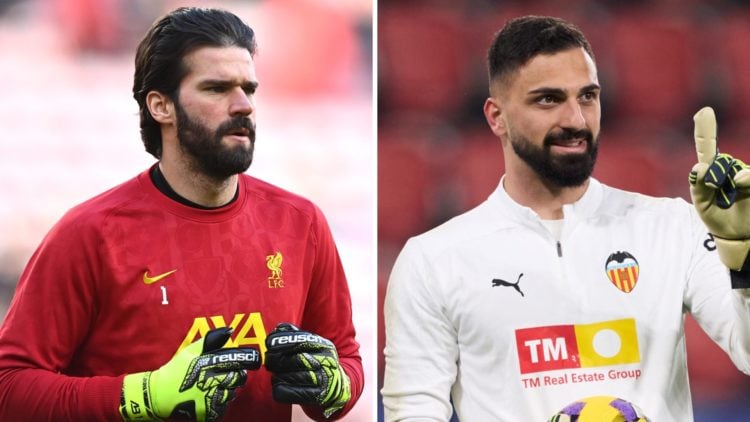 Alisson Becker warms up ahead of Liverpool's Premier League match against Ipswich at Anfield. Valencia goalkeeper Giorgi Mamardashvili smiles as he...