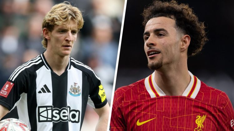 Left: Anthony Gordon caught in action during a Newcastle game. Right: Curtis Jones pictured smiling on the pitch for Liverpool.