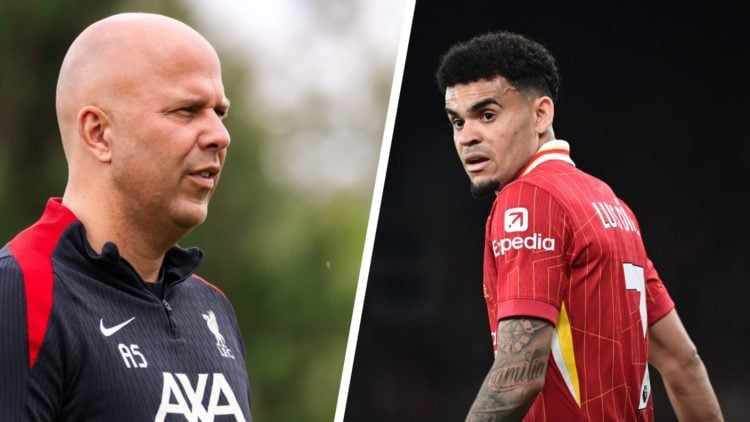 Left: Arne Slot pictured leading a Liverpool training session. Right: Luis Diaz pictured looking focused during a Liverpool game.