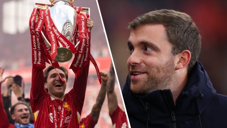 Liverpool's Federico Chiesa lifts the Premier League trophy in front of the Kop at Anfield. Journalist Fabrizio Romano attends a UEFA Champions Lea...