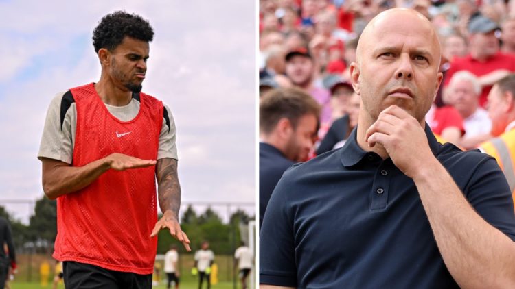Left: Luis Diaz pictured during a Liverpool training session. Right: Arne Slot pictured on the Liverpool touchline looking confused.