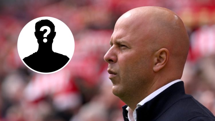 Main: Arne Slot on the touchline giving his Liverpool team instructions. Insert: Mystery player.