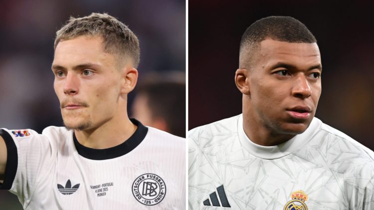 Florian Wirtz signals to a teammate during Germany's UEFA Nations League semi-final with Portugal. Kylian Mbappe of Real Madrid warms up before fac...