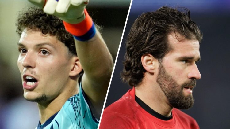 Armin Pesci gestures while playing for Puskas Academy against Fiorentina in the Europa Conference League. Alisson Becker warms up ahead of Liverpoo...
