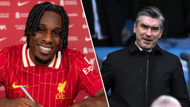 Jeremie Frimpong smiles as he signs in as a new Liverpool player. Liverpool sporting director Richard Hughes watches on during a Premier League mat...