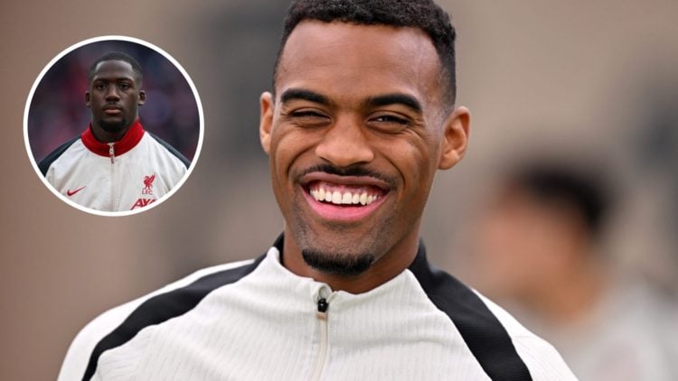 Main: Ryan Gravenberch during training session for Liverpool at the AXA Training Centre. Inset: Ibrahima Konate lining up for Liverpool in the Cara...