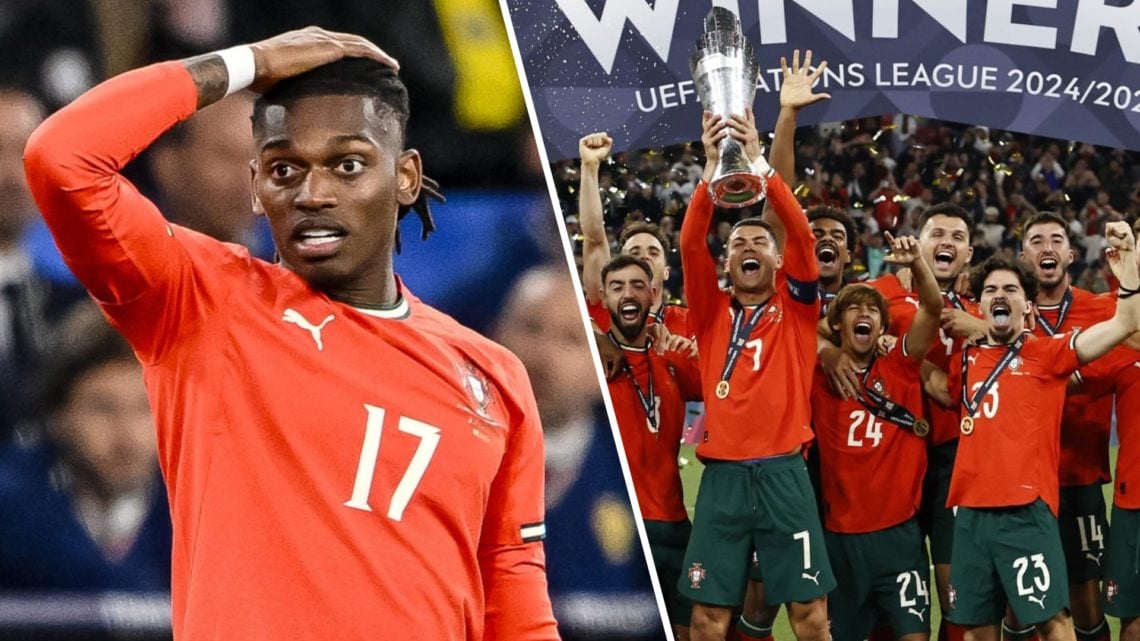 Rafael Leao reacts during the UEFA Nations League final against Spain. Cristiano Ronaldo lifts the UEFA Nations League trophy with Portugal.