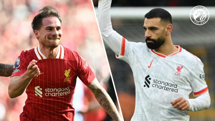 Alexis Mac Allister wheels away after scoring for Liverpool against Tottenham Hotspur at Anfield. Mohamed Salah raises his first in celebration aft...