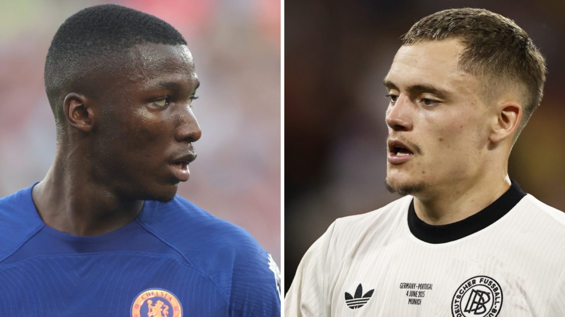 Moises Caicedo playing Chelsea at the London Stadium against West Ham. Florian Wirtz in action for Germany against Portugal in the UEFA Nations League