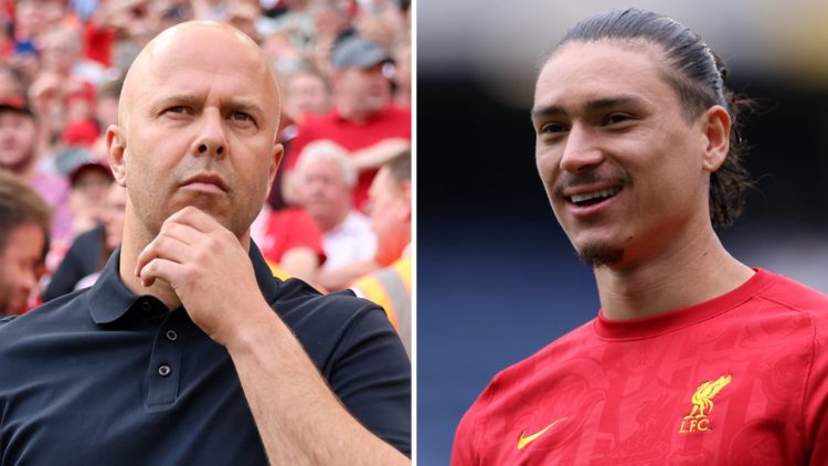 Left: Arne Slot pictured on the Liverpool touchline. Right: Darwin Nunez pictured with a massive smile while warming up for Liverpool.