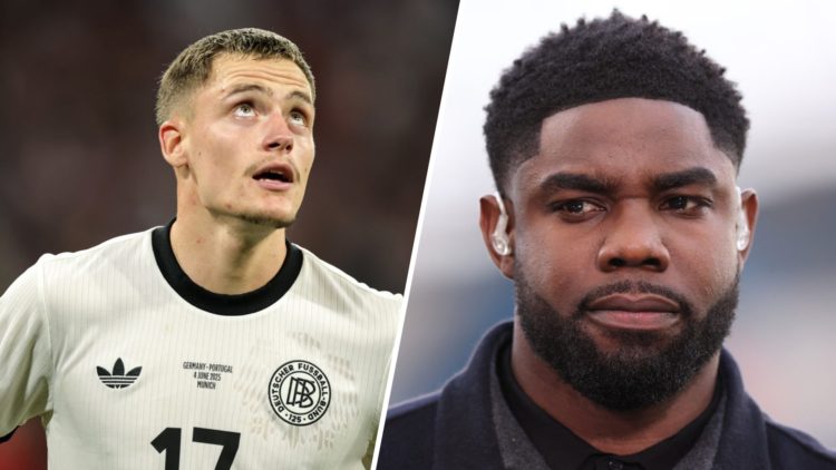 Left: Florian Wirtz caught in action for Germany. Right: Micah Richards pictured during his presenting duties for Sky Sports.