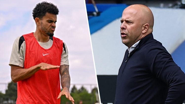 Left: Luis Diaz pictured during a Liverpool training session celebrating. Right: Arne Slot on the Liverpool touchline shouting instructions to his ...