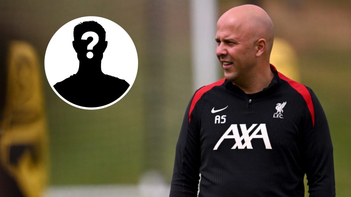Main: Arne Slot leading a Liverpool training session ahead of the Premier League title lift. Insert: Mystery player