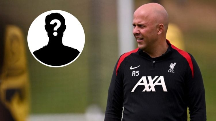 Main: Arne Slot leading a Liverpool training session ahead of the Premier League title lift. Insert: Mystery player