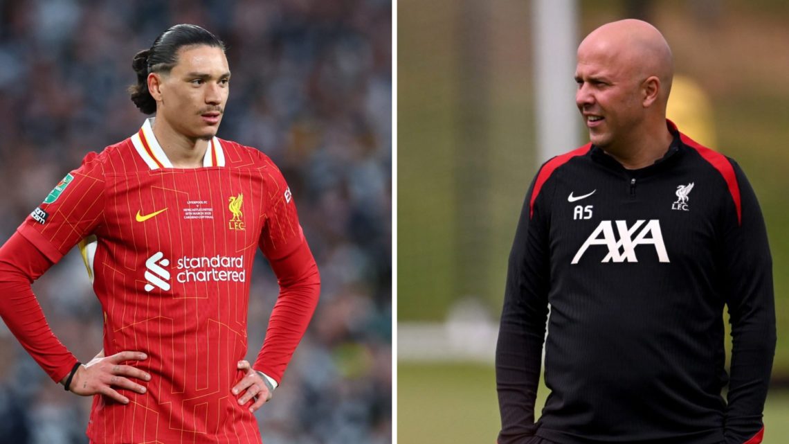 Left: Darwin Nunez pictured playing for Liverpool in their Carabao Cup final against Newcastle. Right: Arne Slot pictured leading a Liverpool train...