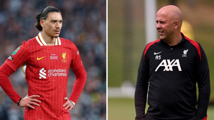 Left: Darwin Nunez pictured playing for Liverpool in their Carabao Cup final against Newcastle. Right: Arne Slot pictured leading a Liverpool train...
