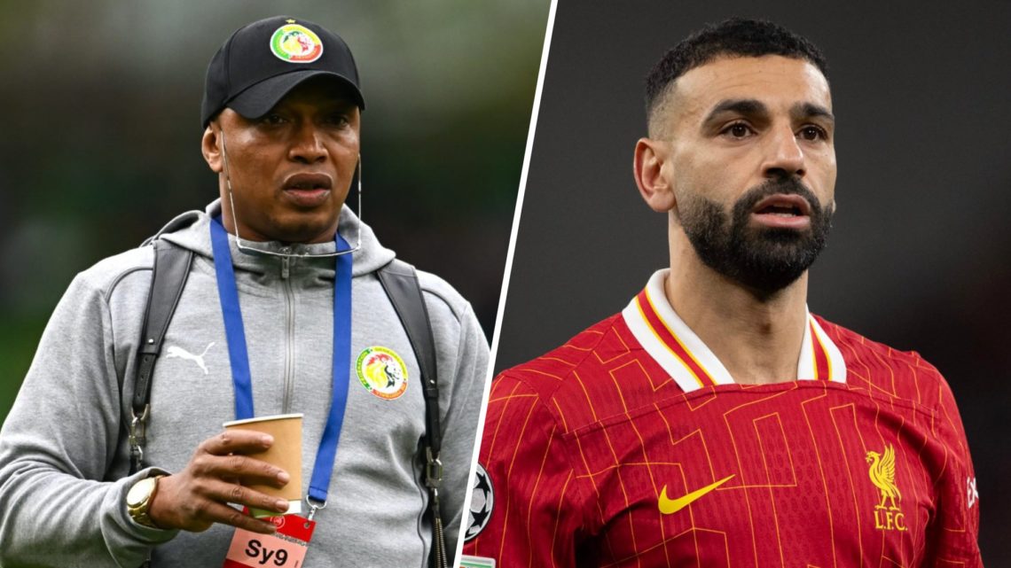 Senegal advisor El Hadji Diouf on the pitch ahead of Senegal vs Republic of Ireland. Mohamed Salah looks on during game between Liverpool and PSG.