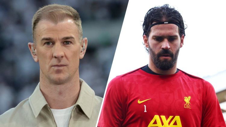 Joe Hart reporting for TNT Sports during a Europa League game at the Tottenham Hotspur Stadium. Alisson Becker looks down during Liverpool warm-up ...