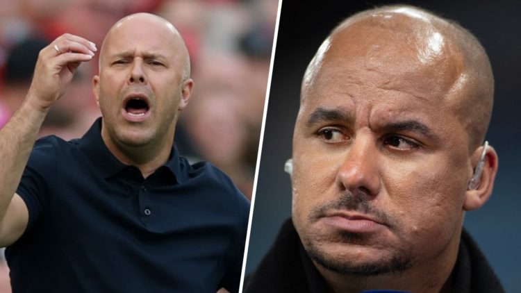 Left: Arne Slot looking animated on the touchline. Right: Gabby Agbonlahor pictured during his presenting duties for Amazon Prime Sport