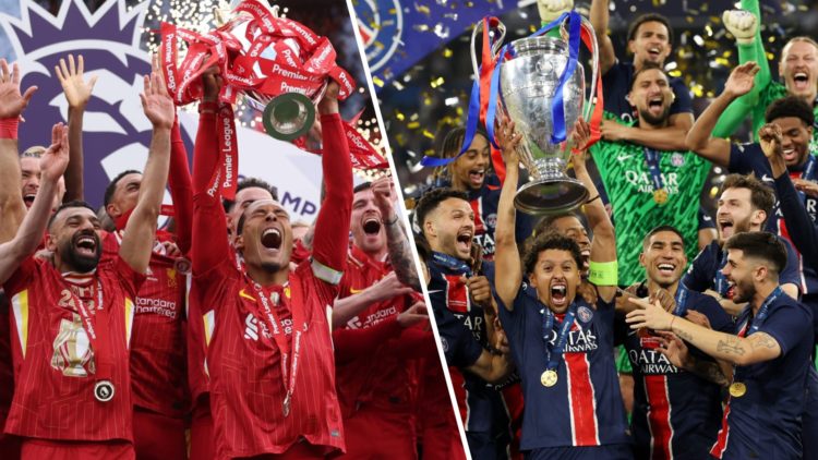Liverpool captain Virgil van Dijk lifts the Premier League trophy at Anfield. PSG captain Marquinhos lifts the Champions League trophy after beatin...