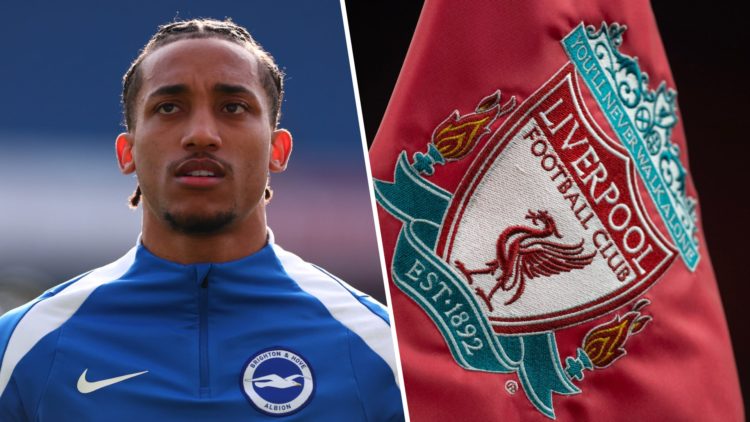 Joao Pedro lining up for Brighton before their Premier League match against Fulham at the Amex. A detailed view of the Liverpool club badge on a co...