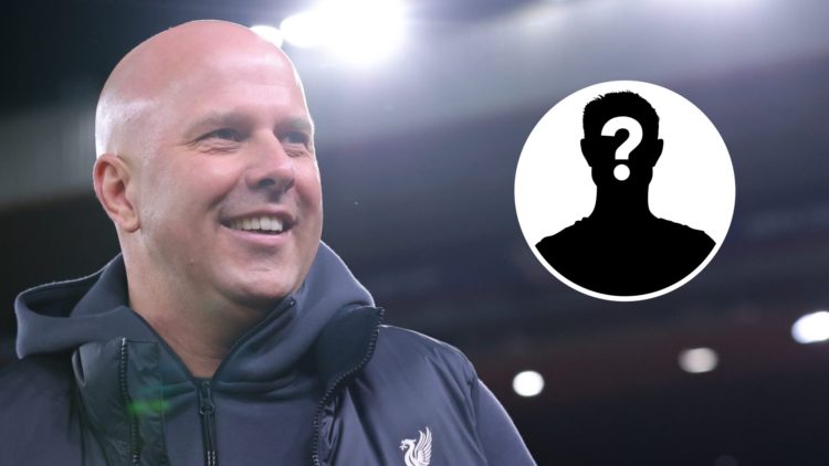 Main: Arne Slot pictured smiling on the Anfield pitch. Insert: Mystery player.