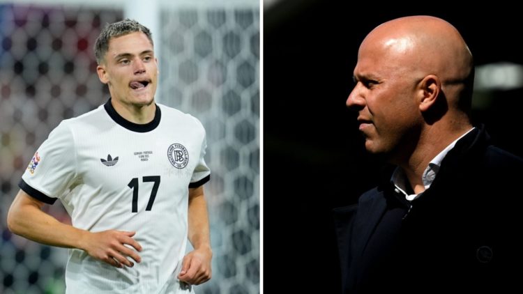 Left: Florian Wirtz pictured in action for Germany in their Nations League game. Right: Arne Slot on the Liverpool touchline looking concentrated.