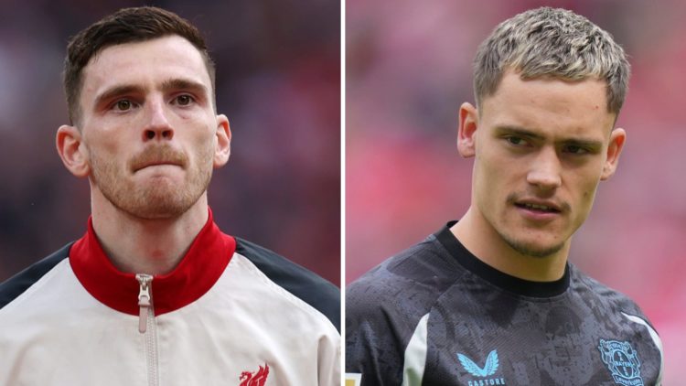 Andy Robertson in action for Liverpool in the Carabao cup final against Newcastle at Wembley. Florian Wirtz in action for Bayer Leverkusen against ...