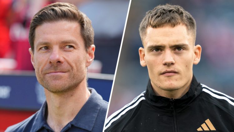 Xabi Alonso looks on prior to the Bundesliga match between Bayer 04 Leverkusen and Borussia Dortmund at BayArena. Florian Wirtz lines up for German...