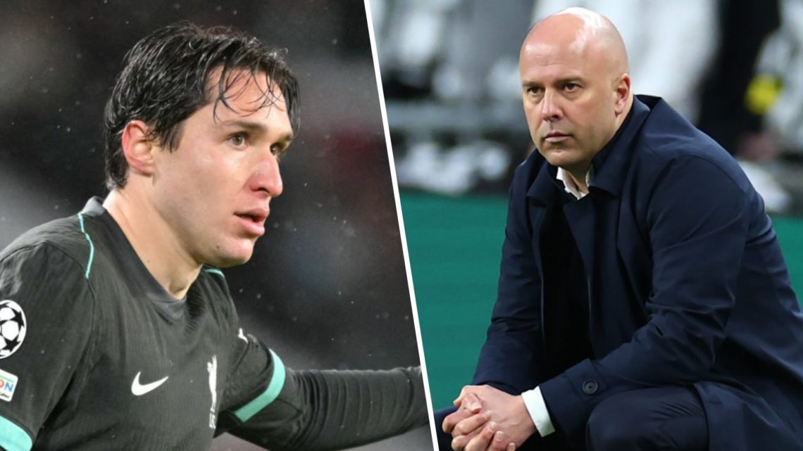 Left: Federico Chiesa pictured in action for Liverpool. Right: Arne Slot pictured crouching down on the Liverpool touchline during a game.