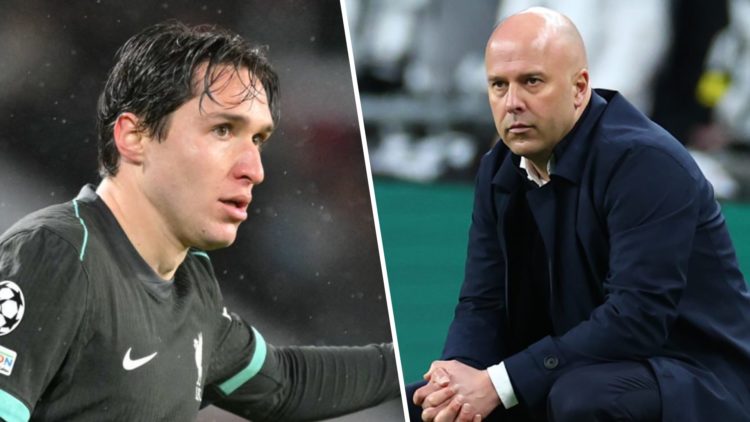Left: Federico Chiesa pictured in action for Liverpool. Right: Arne Slot pictured crouching down on the Liverpool touchline during a game.