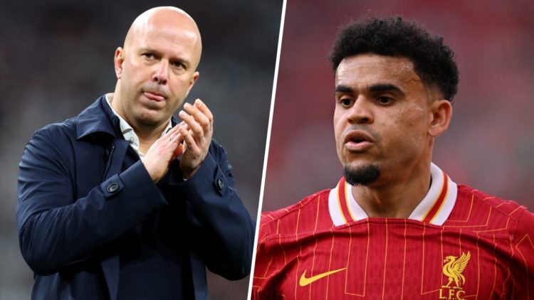 Left: Arne Slot clapping the Liverpool fans. Right: Luis Diaz pictured in action for Liverpool.