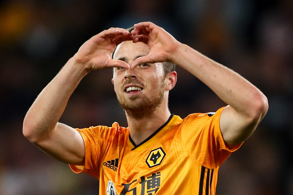 Diogo Jota of Wolves makes a heart shape with his fingers after scoring in a UEFA Europa League qualifying match against FC Pyunik at Molineux.