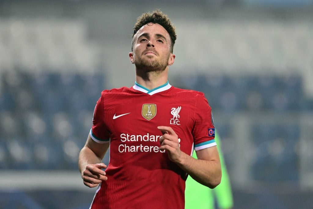 Liverpool's Diogo Jota celebrates after scoring in the UEFA Champions League match against Atalanta.