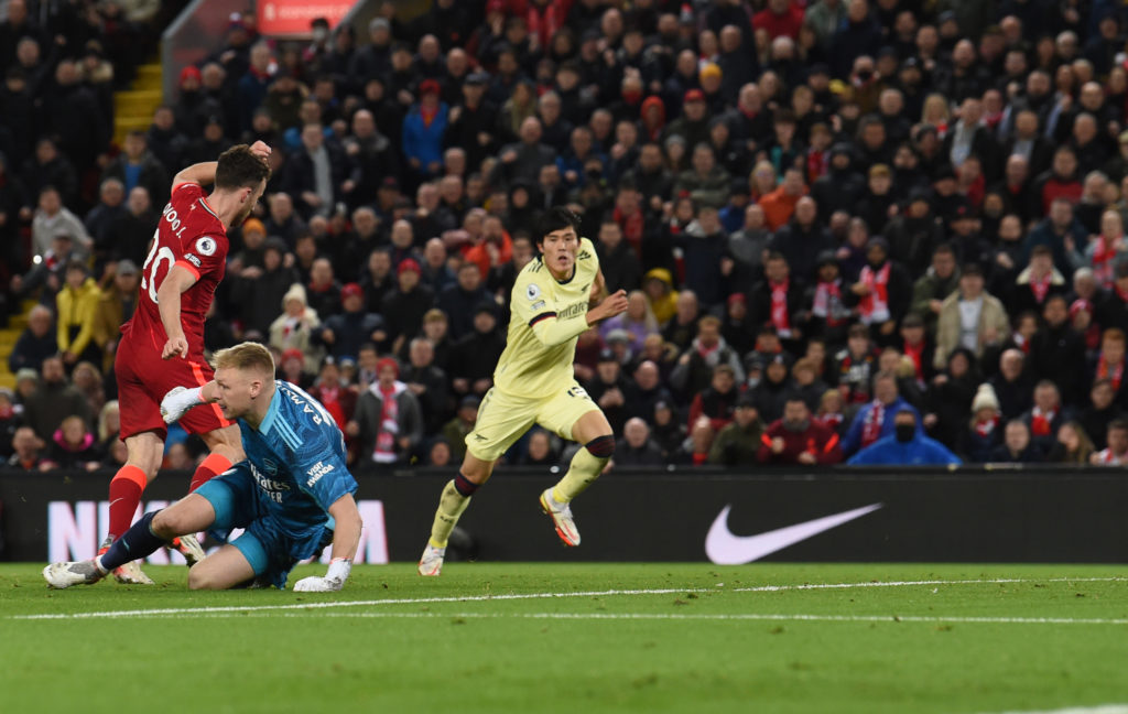 Diogo Jota rounds Aaron Ramsdale to score for Liverpool against Arsenal at Anfield.