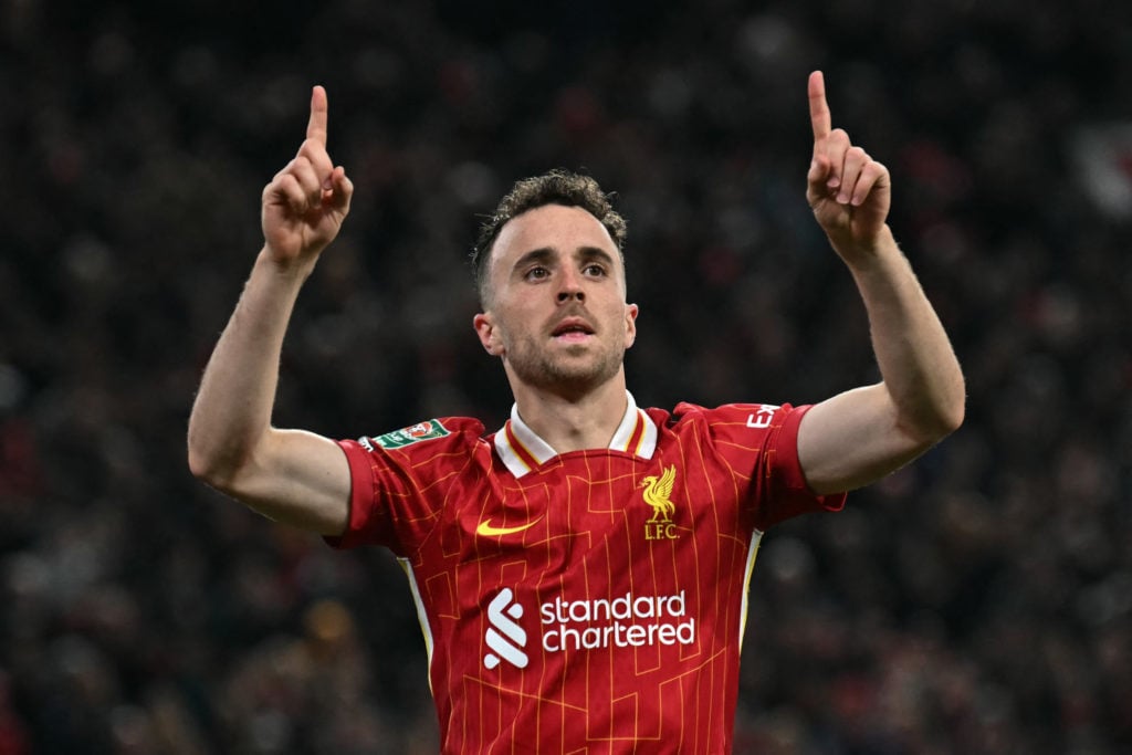Diogo Jota pictured pointing his fingers to the sky during a Premier League game between Liverpool and West Ham United.