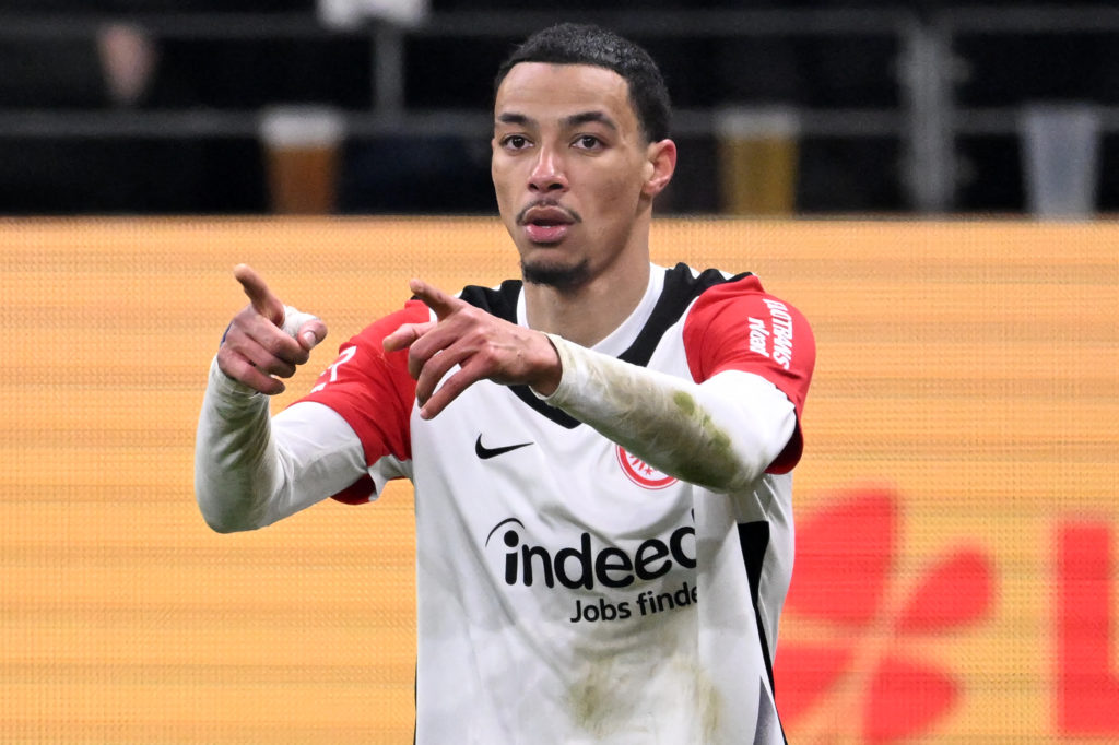 Hugo Ekitike celebrates scoring for Eintracht Frankfurt in their Bundesliga match against Borussia Dortmund.