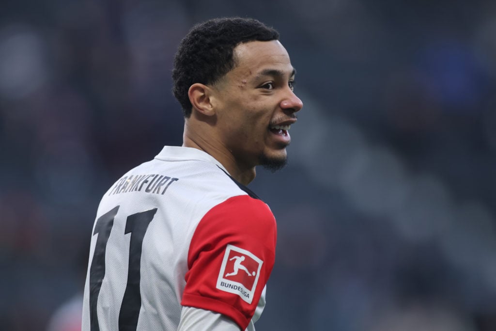 Hugo Ekitike smiles during the Bundesliga match between Eintracht Frankfurt and Wolfsburg,